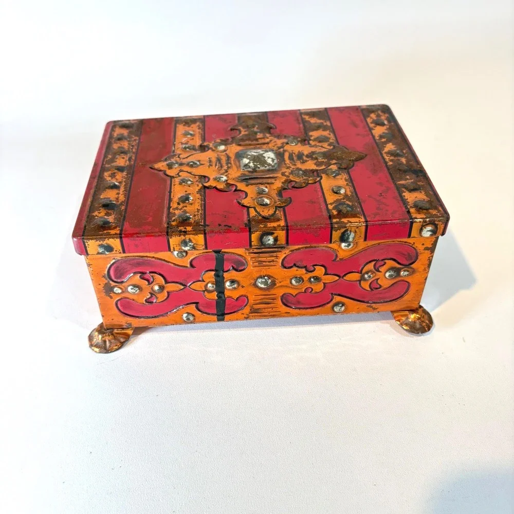 Vintage Fricke & Nacke Western Germany Tin Jewelry Box Red Orange Striped Casket